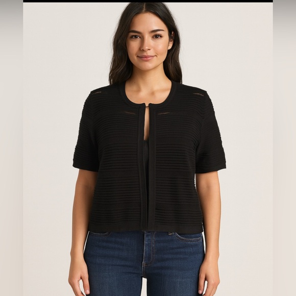 Calvin Klein Women's Cardigan L Woven Knit Black Shrug Open Front Rayon 125 - Picture 1 of 8